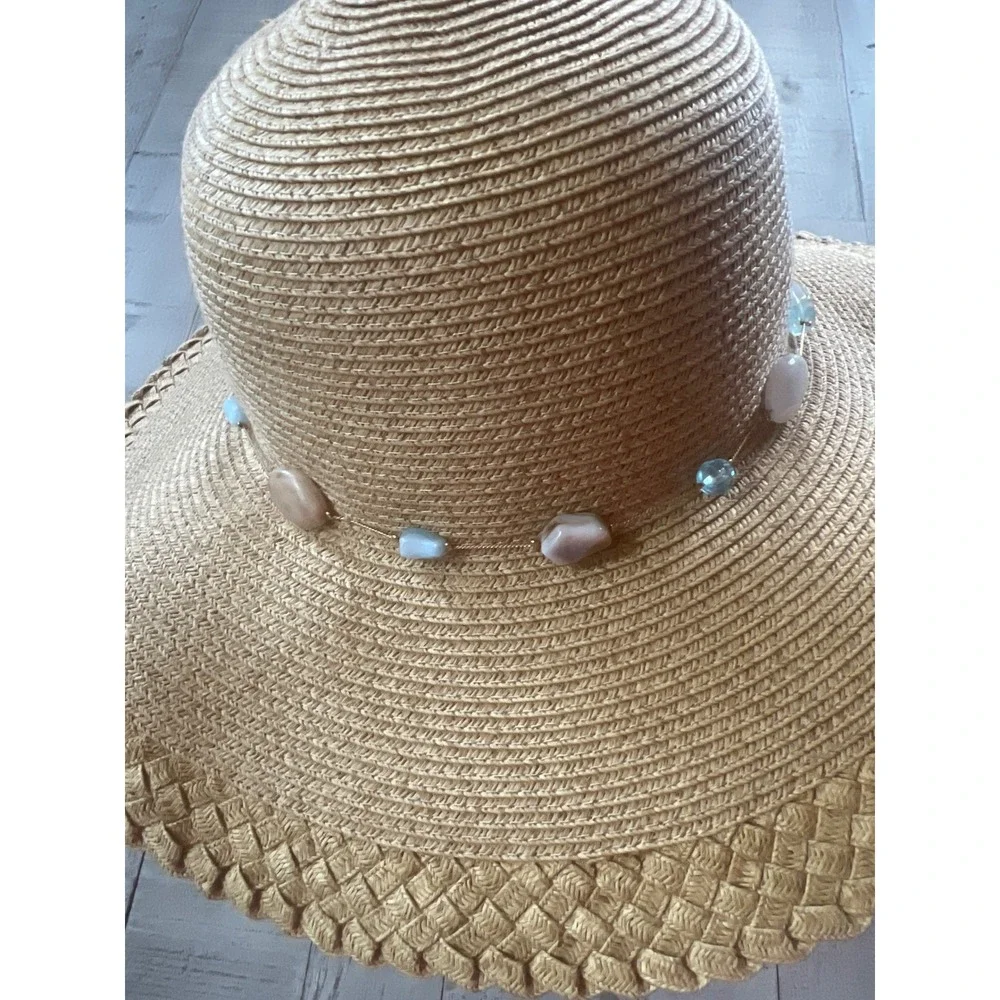Sun N Sand Tan Straw Sun Hat Wide Brim UPF 50+ Beaded Stone Band Beach Hat Boho